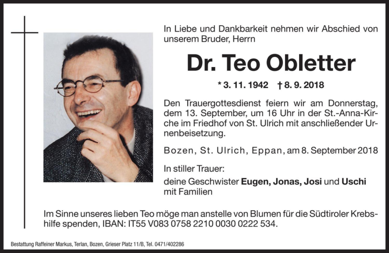  Traueranzeige für Teo Obletter vom 11.09.2018 aus Dolomiten