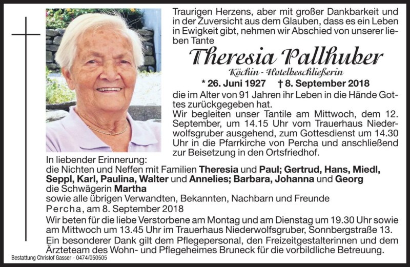 Traueranzeige für Theresia Pallhuber vom 10.09.2018 aus Dolomiten