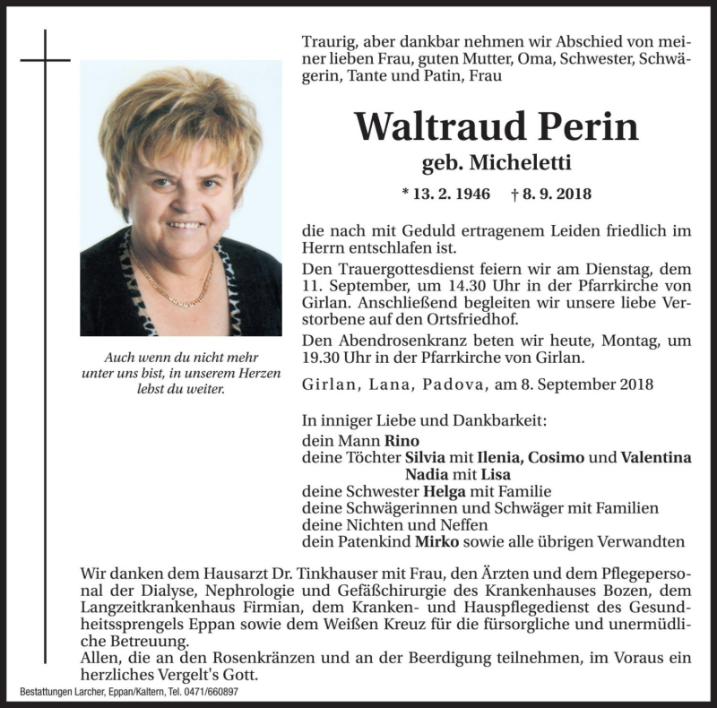  Traueranzeige für Waltraud Perin vom 10.09.2018 aus Dolomiten