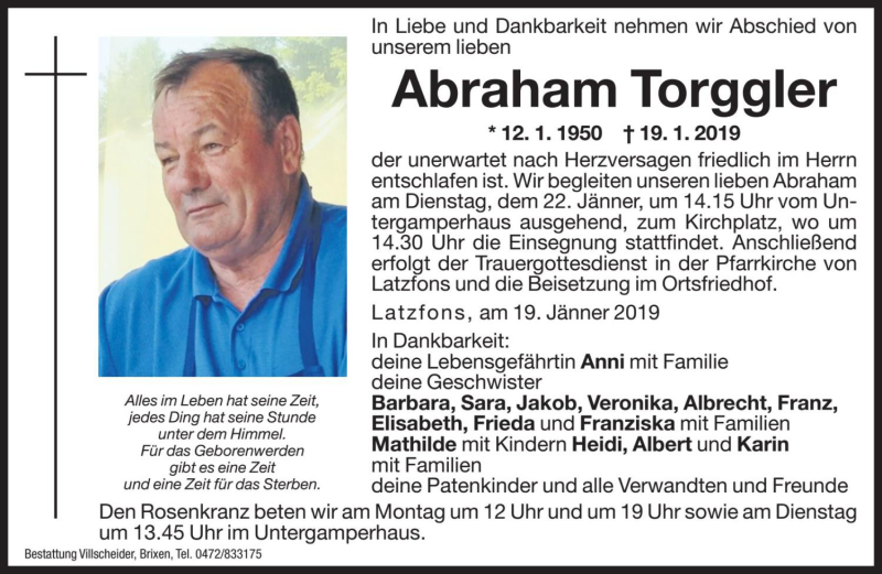  Traueranzeige für Abraham Torggler vom 21.01.2019 aus Dolomiten