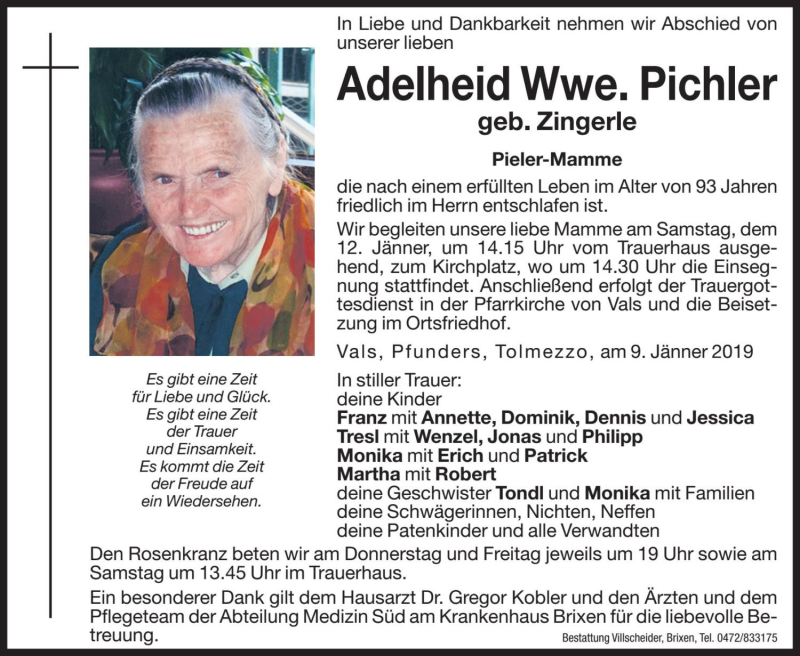  Traueranzeige für Adelheid Pichler vom 10.01.2019 aus Dolomiten