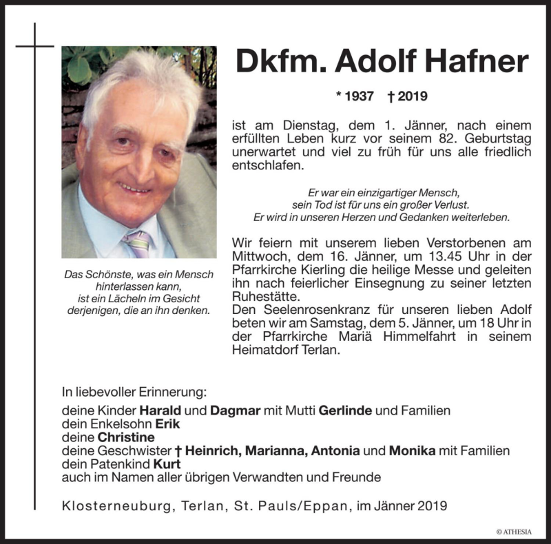  Traueranzeige für Adolf Hafner vom 04.01.2019 aus Dolomiten