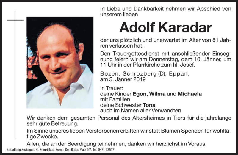  Traueranzeige für Adolf Karadar vom 08.01.2019 aus Dolomiten