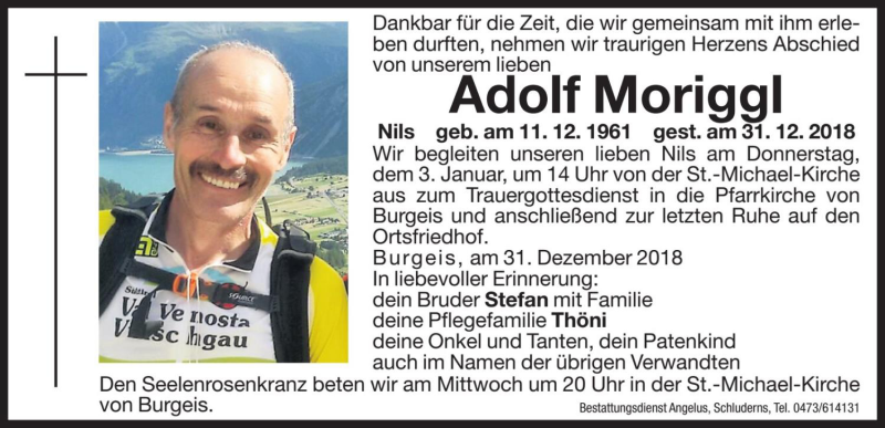  Traueranzeige für Adolf Moriggl vom 02.01.2019 aus Dolomiten