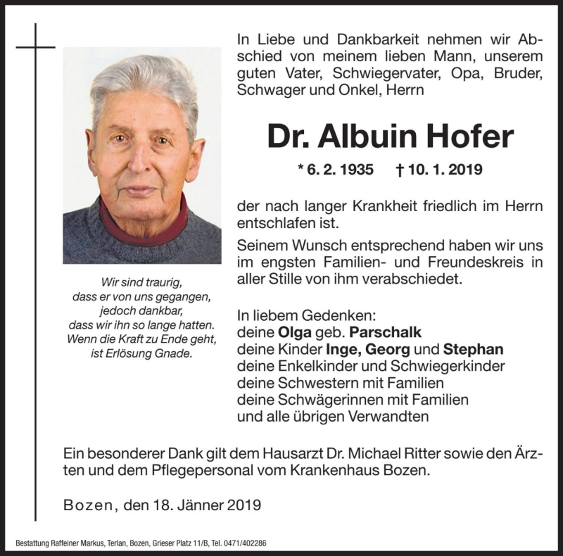  Traueranzeige für Albuin Hofer vom 18.01.2019 aus Dolomiten