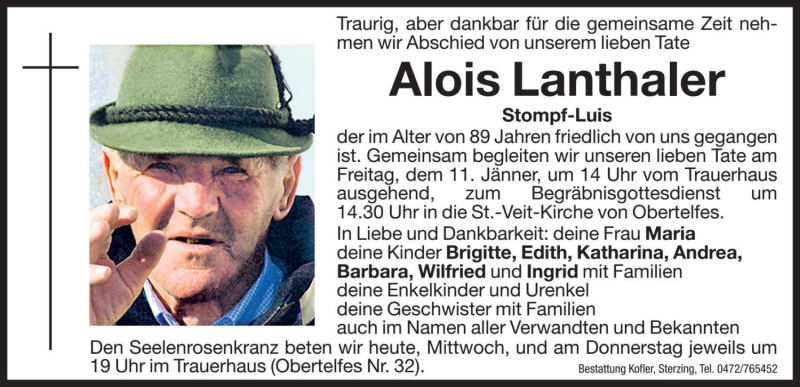  Traueranzeige für Alois Lanthaler vom 09.01.2019 aus Dolomiten