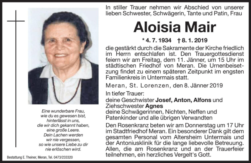  Traueranzeige für Aloisia Mair vom 10.01.2019 aus Dolomiten