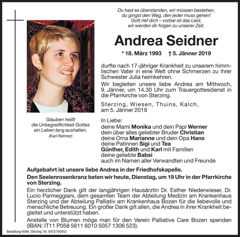  Traueranzeige für Andrea Seidner vom 08.01.2019 aus Dolomiten