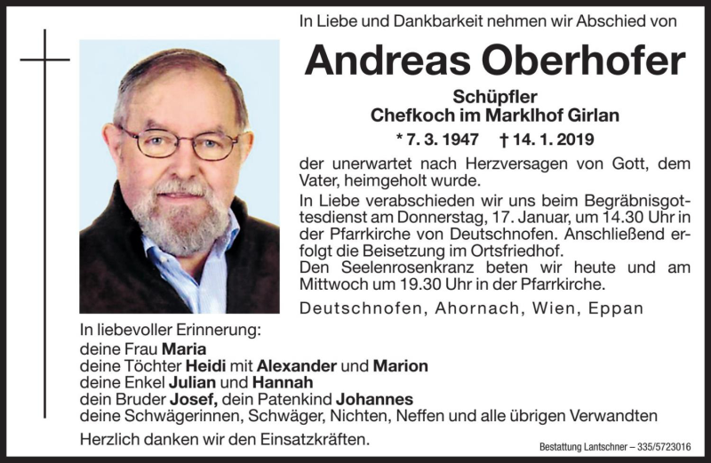  Traueranzeige für Andreas Oberhofer vom 15.01.2019 aus Dolomiten