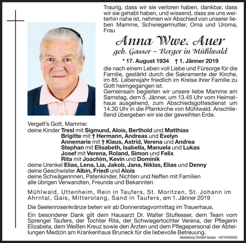  Traueranzeige für Anna Auer vom 03.01.2019 aus Dolomiten