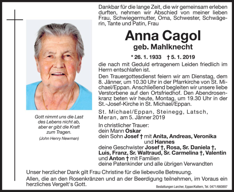 Traueranzeige für Anna Cagol vom 07.01.2019 aus Dolomiten