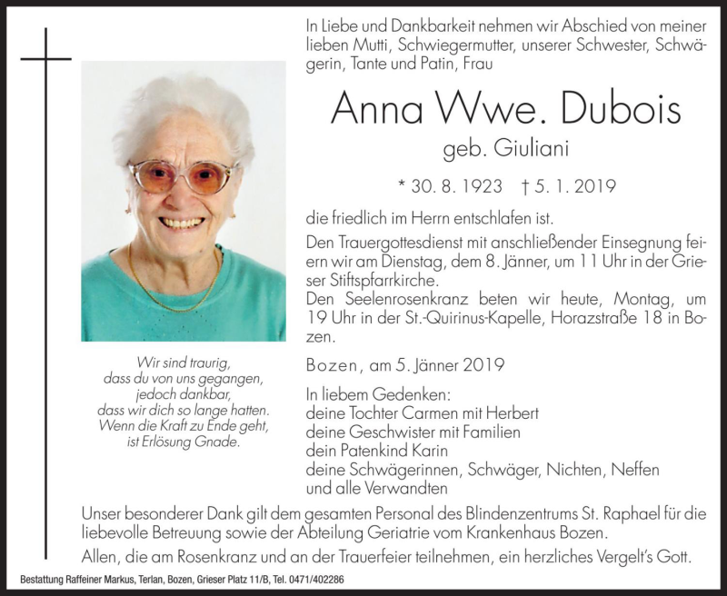  Traueranzeige für Anna Dubois vom 07.01.2019 aus Dolomiten
