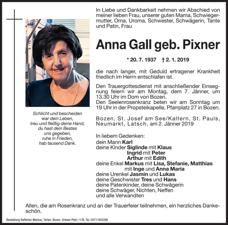  Traueranzeige für Anna Gall vom 04.01.2019 aus Dolomiten
