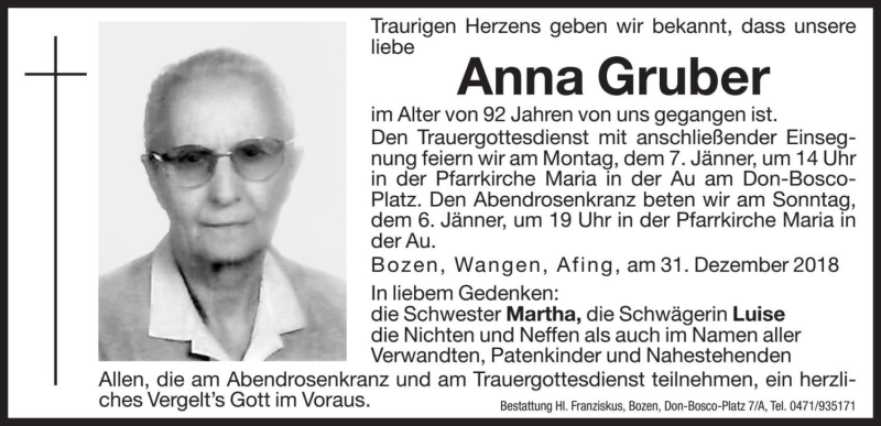  Traueranzeige für Anna Gruber vom 04.01.2019 aus Dolomiten