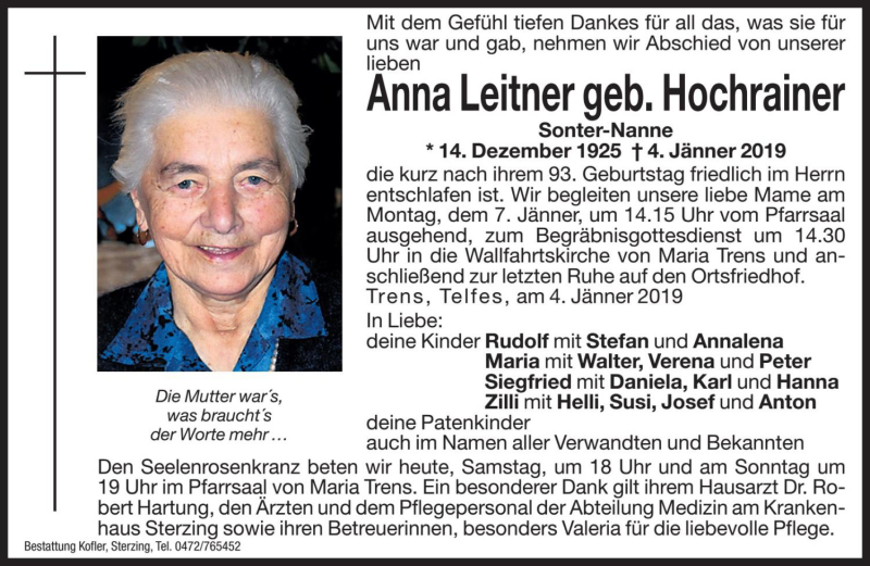  Traueranzeige für Anna Leitner vom 05.01.2019 aus Dolomiten