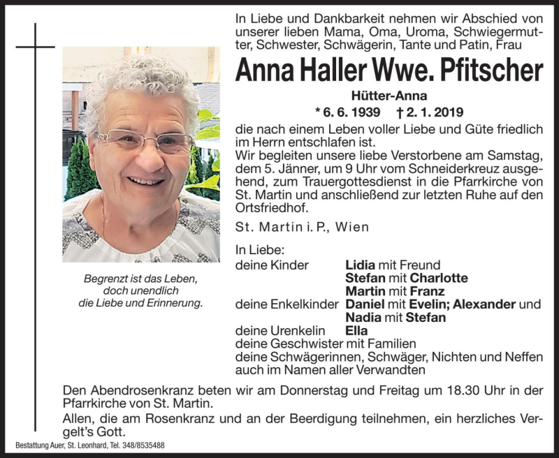  Traueranzeige für Anna Pfitscher vom 03.01.2019 aus Dolomiten