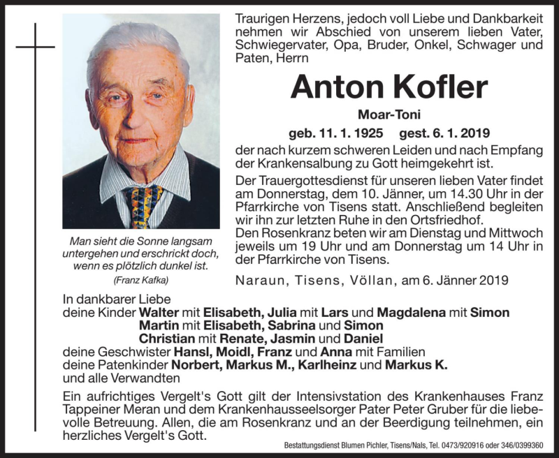  Traueranzeige für Anton Kofler vom 08.01.2019 aus Dolomiten