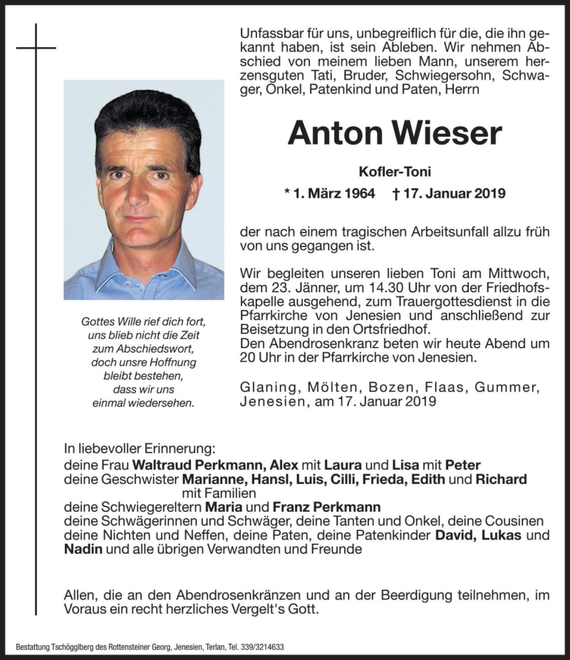  Traueranzeige für Anton Wieser vom 22.01.2019 aus Dolomiten