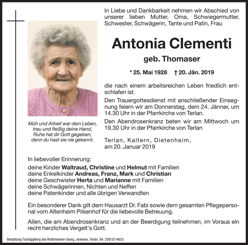  Traueranzeige für Antonia Clementi vom 22.01.2019 aus Dolomiten