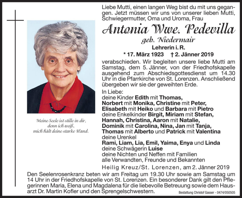  Traueranzeige für Antonia Pedevilla vom 04.01.2019 aus Dolomiten