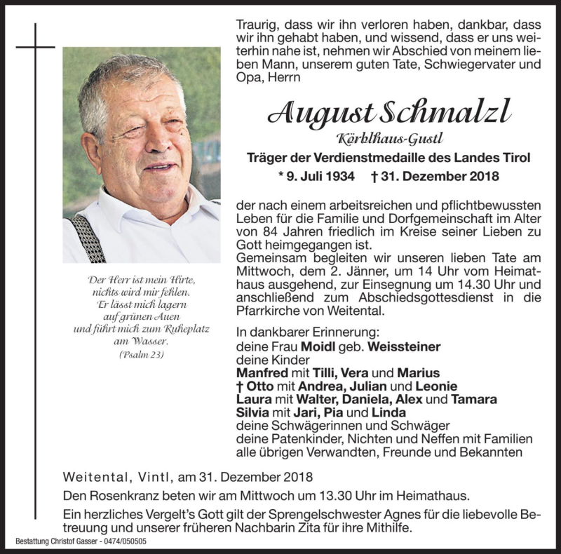  Traueranzeige für August Schmalzl vom 02.01.2019 aus Dolomiten