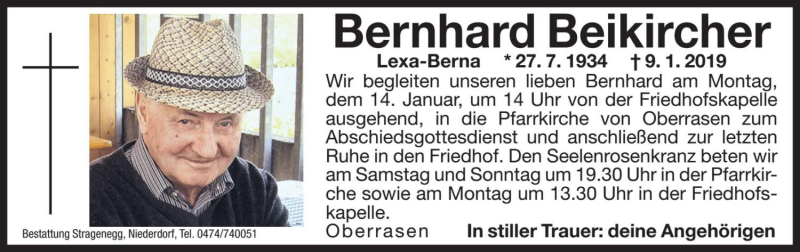  Traueranzeige für Bernhard Beikircher vom 11.01.2019 aus Dolomiten