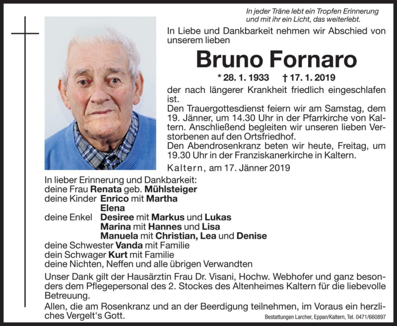  Traueranzeige für Bruno Fornaro vom 18.01.2019 aus Dolomiten