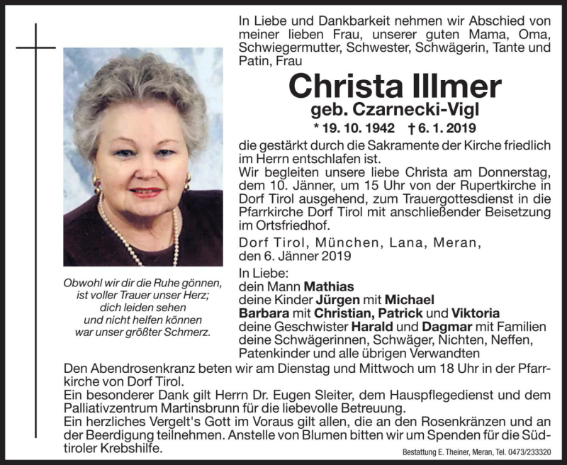  Traueranzeige für Christa Illmer vom 08.01.2019 aus Dolomiten