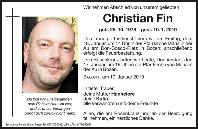  Traueranzeige für Christian Fin vom 17.01.2019 aus Dolomiten