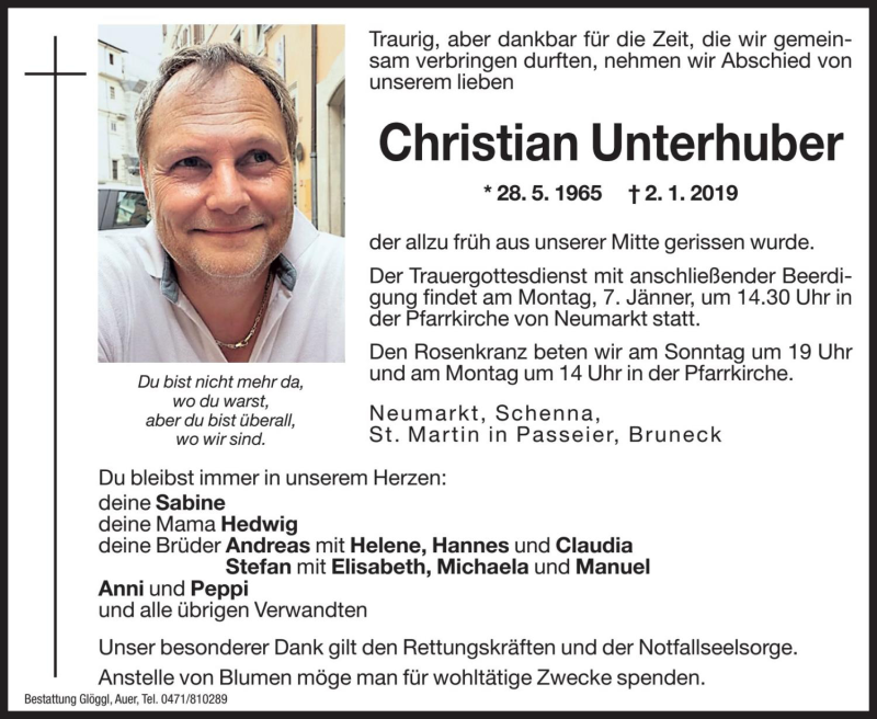  Traueranzeige für Christian Unterhuber vom 05.01.2019 aus Dolomiten