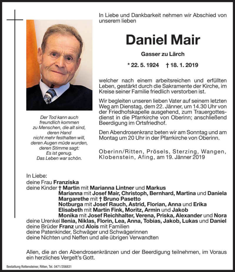  Traueranzeige für Daniel Mair vom 19.01.2019 aus Dolomiten