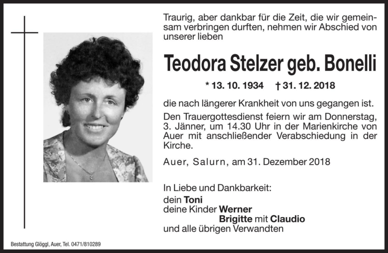  Traueranzeige für Teodora Stelzer vom 02.01.2019 aus Dolomiten