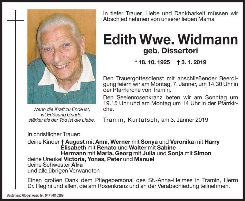  Traueranzeige für Edith Widmann vom 05.01.2019 aus Dolomiten