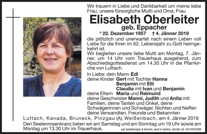  Traueranzeige für Elisabeth Oberleiter vom 05.01.2019 aus Dolomiten