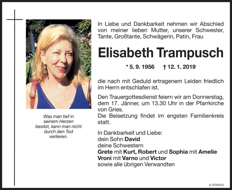  Traueranzeige für Elisabeth Trampusch vom 15.01.2019 aus Dolomiten