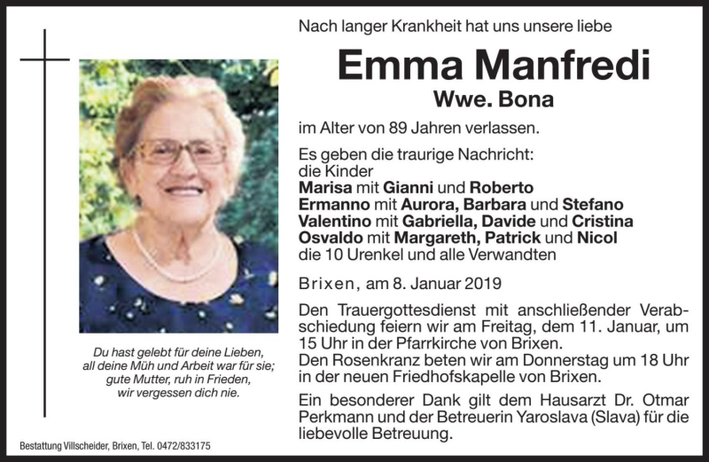  Traueranzeige für Emma Bona vom 10.01.2019 aus Dolomiten