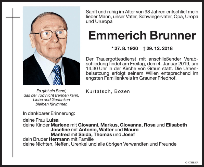  Traueranzeige für Emmerich Brunner vom 03.01.2019 aus Dolomiten
