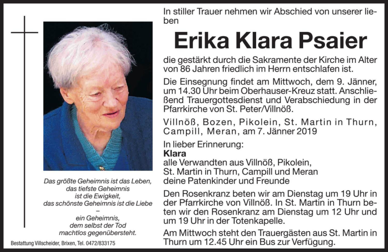  Traueranzeige für Erika Klara Psaier vom 08.01.2019 aus Dolomiten