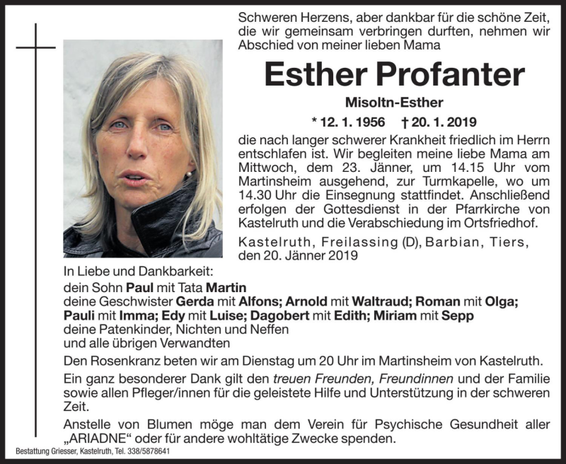  Traueranzeige für Esther Profanter vom 22.01.2019 aus Dolomiten
