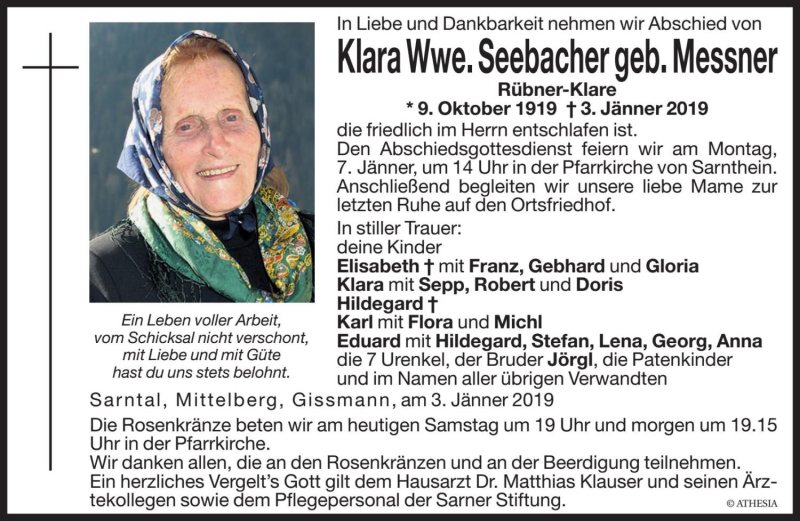  Traueranzeige für Klara Seebacher vom 05.01.2019 aus Dolomiten