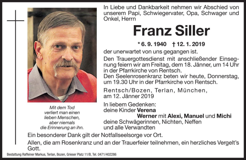  Traueranzeige für Franz Siller vom 17.01.2019 aus Dolomiten