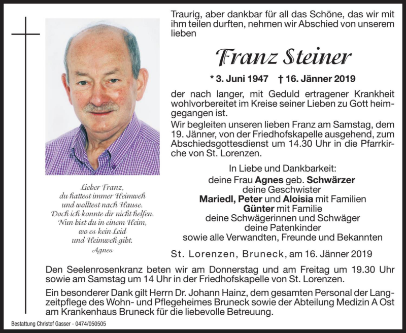  Traueranzeige für Franz Steiner vom 18.01.2019 aus Dolomiten