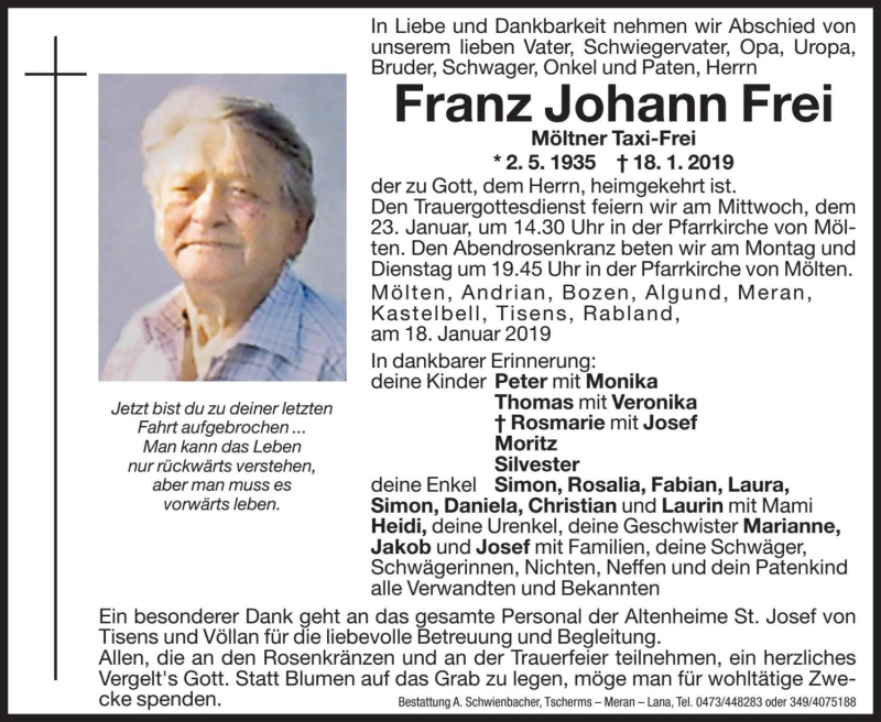  Traueranzeige für Franz Johann Frei vom 19.01.2019 aus Dolomiten