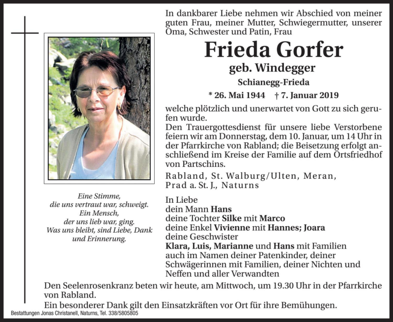  Traueranzeige für Frieda Gorfer vom 09.01.2019 aus Dolomiten