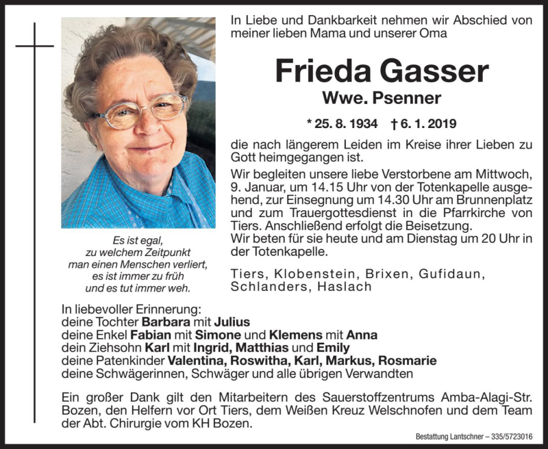  Traueranzeige für Frieda Psenner vom 07.01.2019 aus Dolomiten