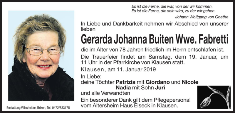  Traueranzeige für Gerarda Johanna Fabretti vom 18.01.2019 aus Dolomiten