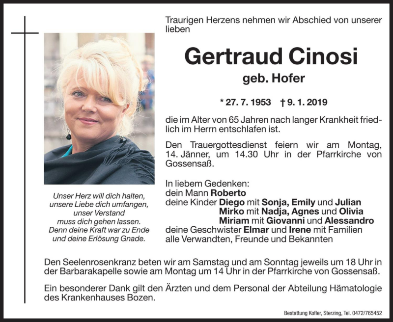 Traueranzeige für Gertraud Cinosi vom 11.01.2019 aus Dolomiten