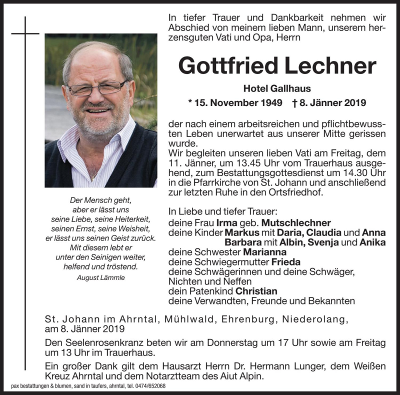  Traueranzeige für Gottfried Lechner vom 10.01.2019 aus Dolomiten