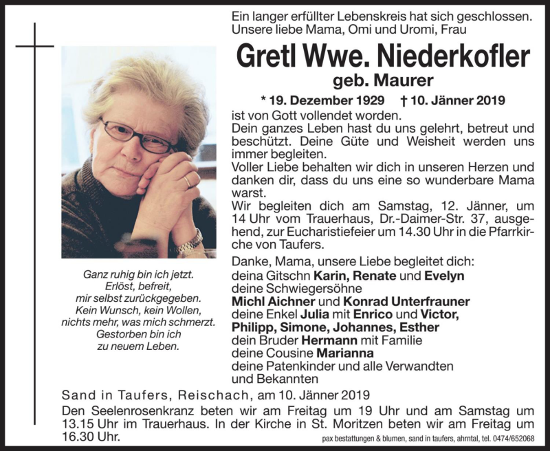  Traueranzeige für Gretl Niederkofler vom 11.01.2019 aus Dolomiten