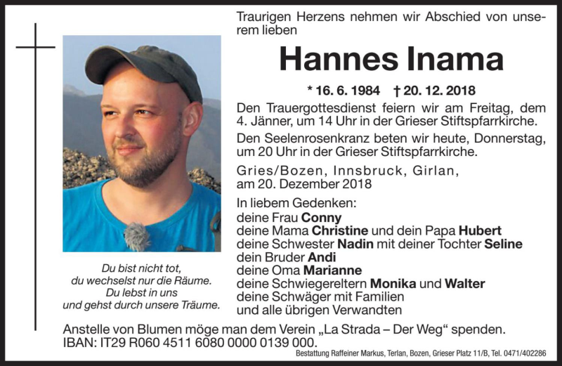  Traueranzeige für Hannes Inama vom 03.01.2019 aus Dolomiten